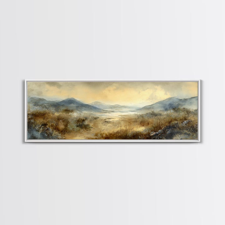 Misty Mountain Valley at Sunrise Framed Canvas Print, Landscape Art, Boho Decor, Living Room Decor, Fine Art, Horizon, LAN-3x1-89