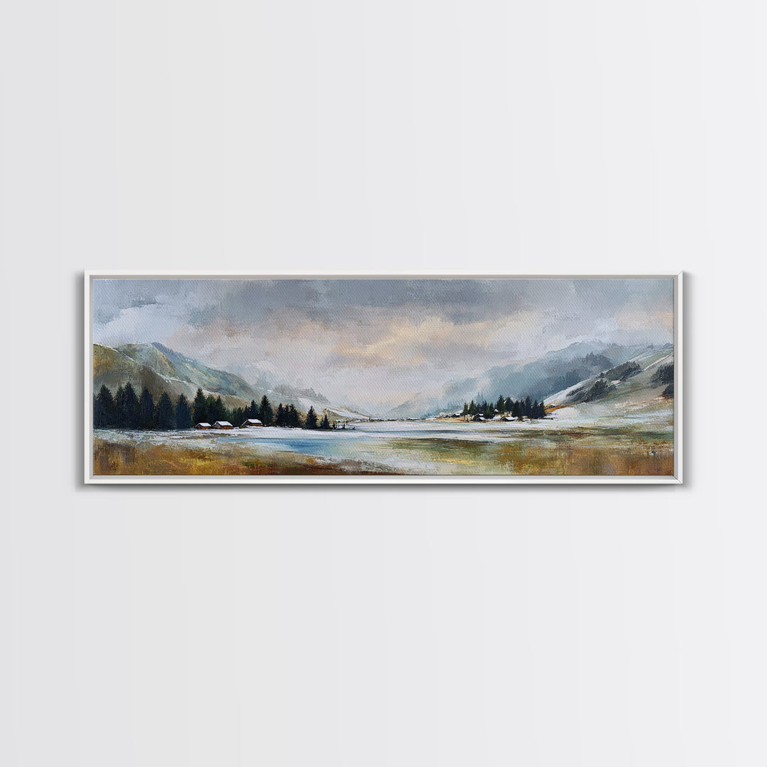 Snow Covered Alpine Village at Dusk Canvas Print, Landscape Art, Digital Art, Living Room Decor, Horizon, Boho Wall Art, LAN-3x1-95