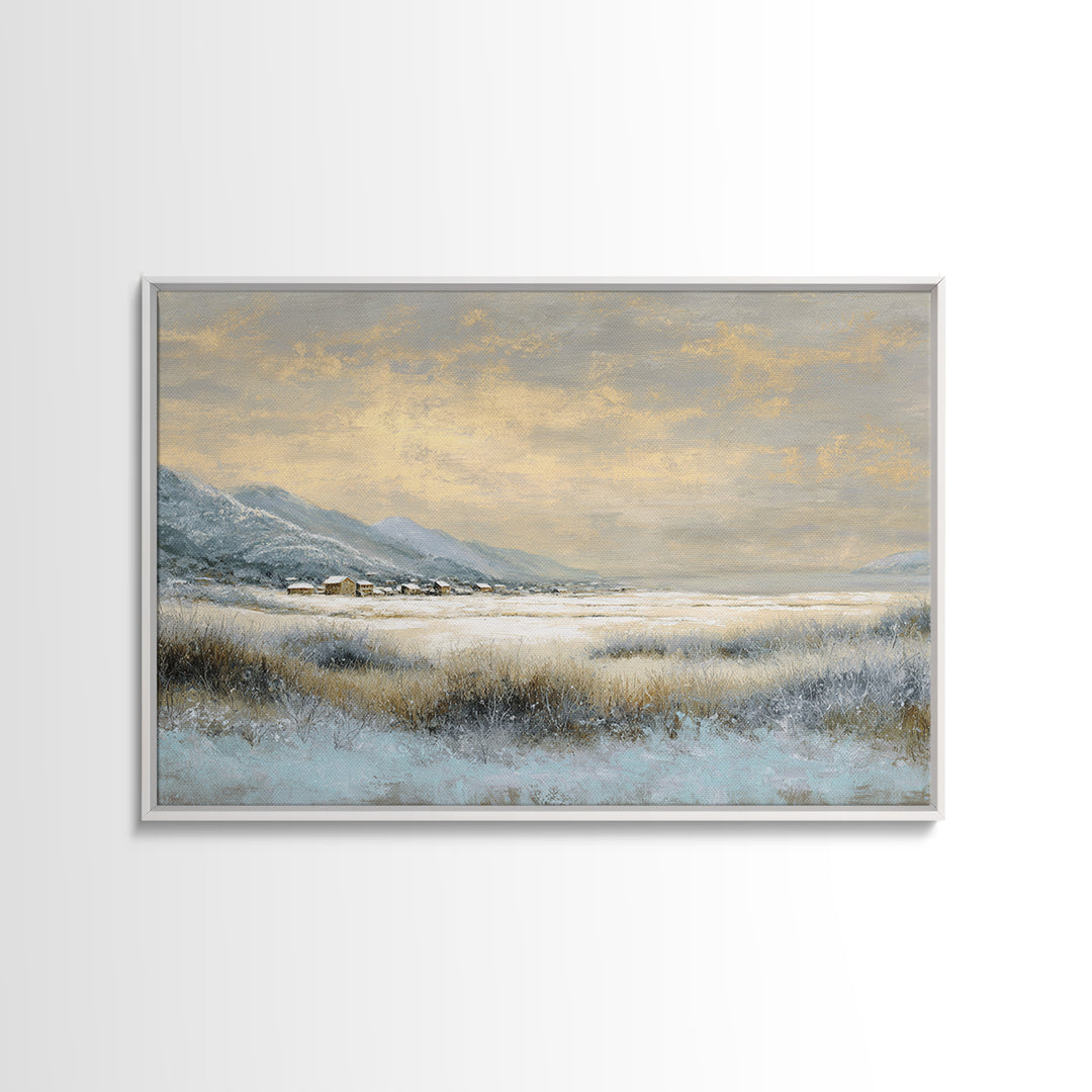Snow Covered Alpine Village at Dusk Canvas Print, Landscape Art, Modern Decor, Living Room Decor, Fine Art, Horizon, Wall Decor, LAN-3x2-11