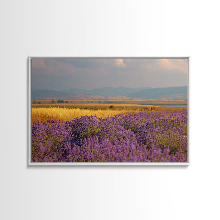 Lavender Field Leading to Distant Hills Framed Canvas Print, Landscape Art, Framed Wall Art, Living Room Decor, Oil Painting, LAN-3x2-14