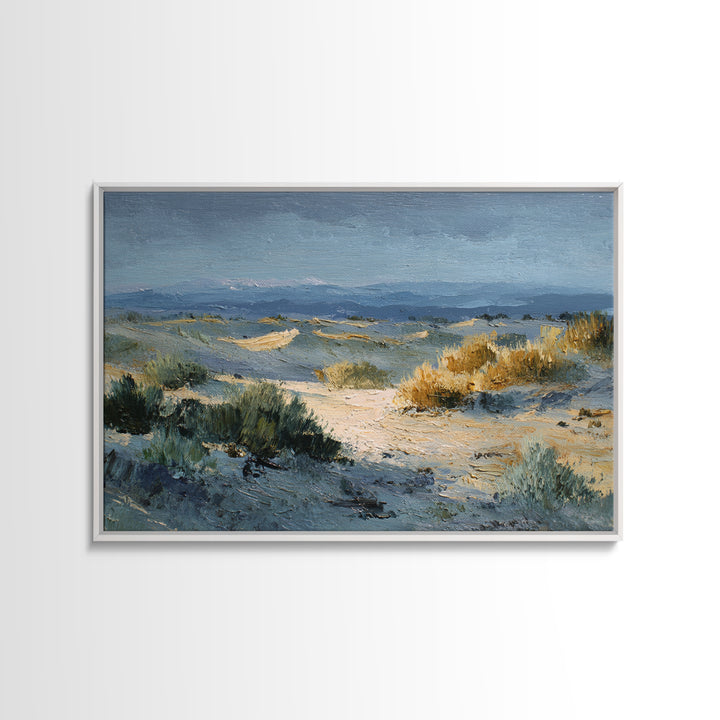 Desert Dunes under Pale Moon Framed Canvas Print, Landscape Art, Boho Wall Art, Living Room Decor, Fine Art, Horizon, LAN-3x2-15
