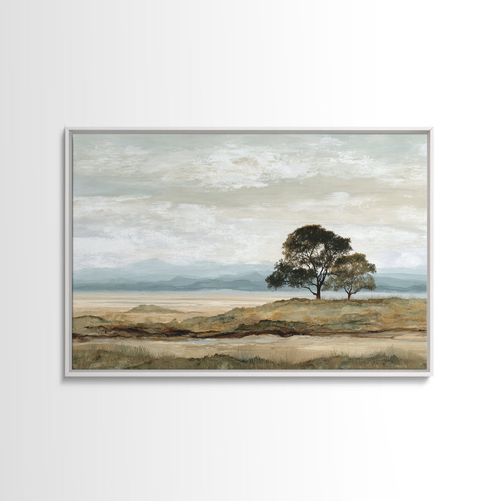 Wide Savanna with Acacia Silhouette Framed Canvas Print, Landscape Art, Living Room Wall Art, Living Room Decor, Oil Painting, LAN-3x2-23