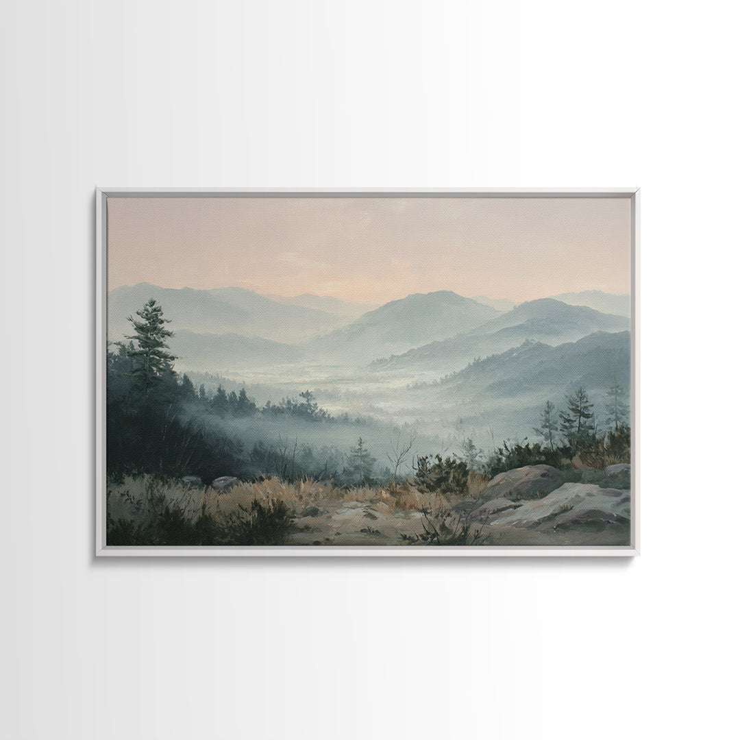 Misty Mountain Valley at Sunrise Canvas Print, Landscape Art, Modern Decor, Living Room Decor, Fine Art, Horizon, Wall Decor, LAN-3x2-29