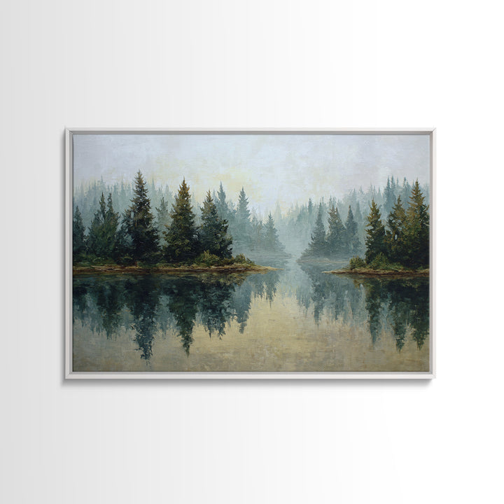 Quiet Lake Reflecting Pine Forest Canvas Print, Landscape Art, Living Room Wall Art, Living Room Decor, Oil Painting, Horizon, LAN-3x2-32