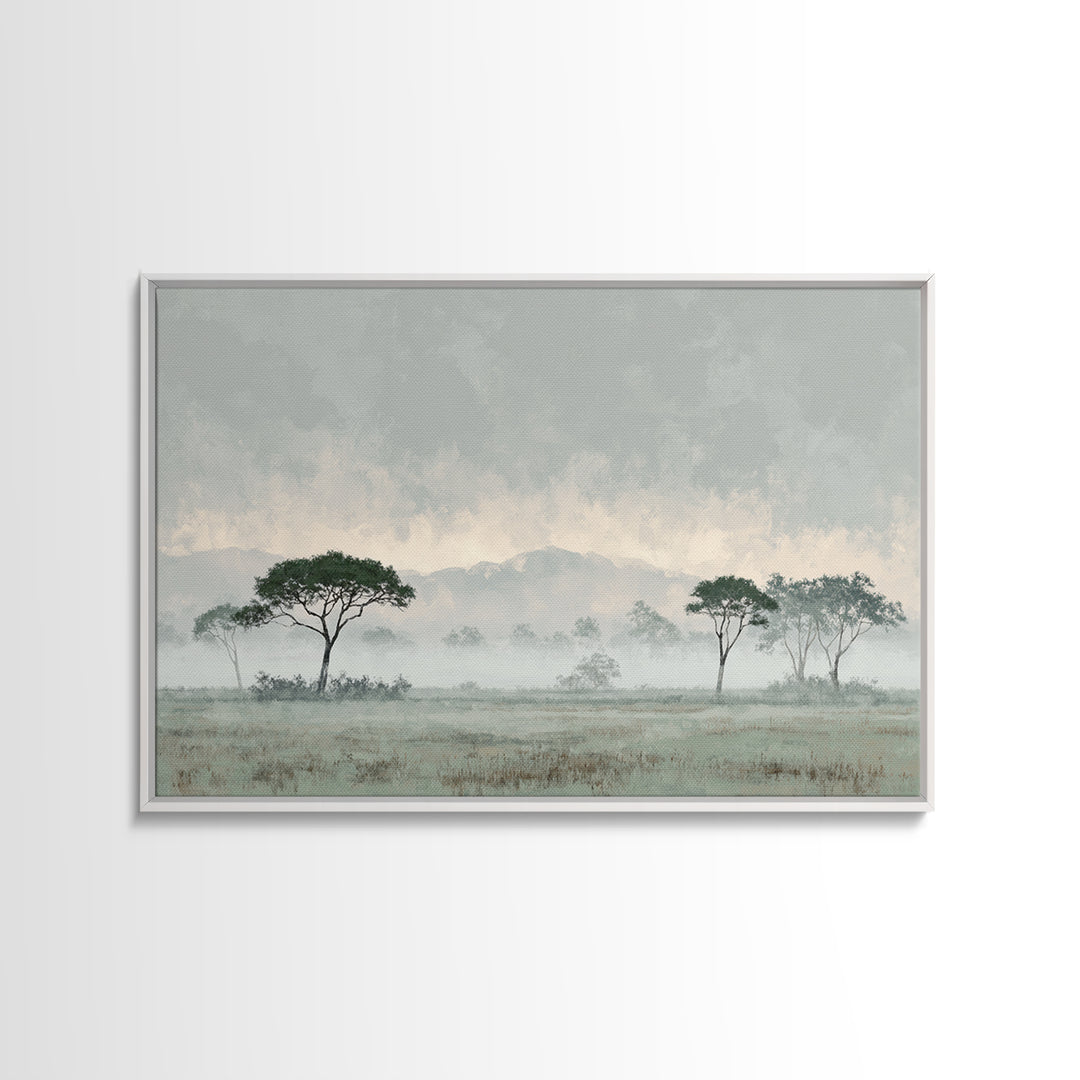 Wide Savanna with Acacia Silhouette Framed Canvas Print, Landscape Art, Digital Art, Living Room Decor, Fine Art, Horizon, LAN-3x2-47
