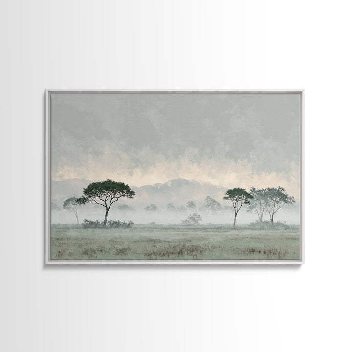 Wide Savanna with Acacia Silhouette Framed Canvas Print, Landscape Art, Digital Art, Living Room Decor, Fine Art, Horizon, LAN-3x2-47