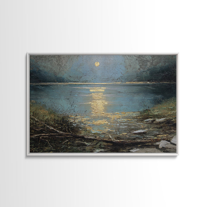 Moonlit River with Silver Reflections Canvas Print, Landscape Art, Neutral Decor, Living Room Decor, Oil Painting, Horizon, LAN-3x2-49