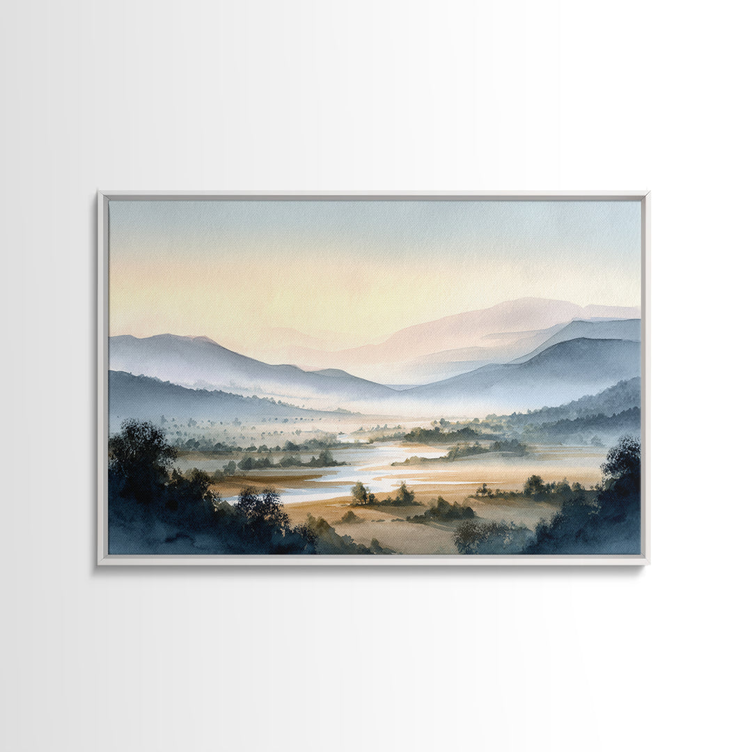 Misty Mountain Valley at Sunrise Framed Canvas Print, Landscape Art, Living Room Wall Art, Living Room Decor, Oil Painting, LAN-3x2-5