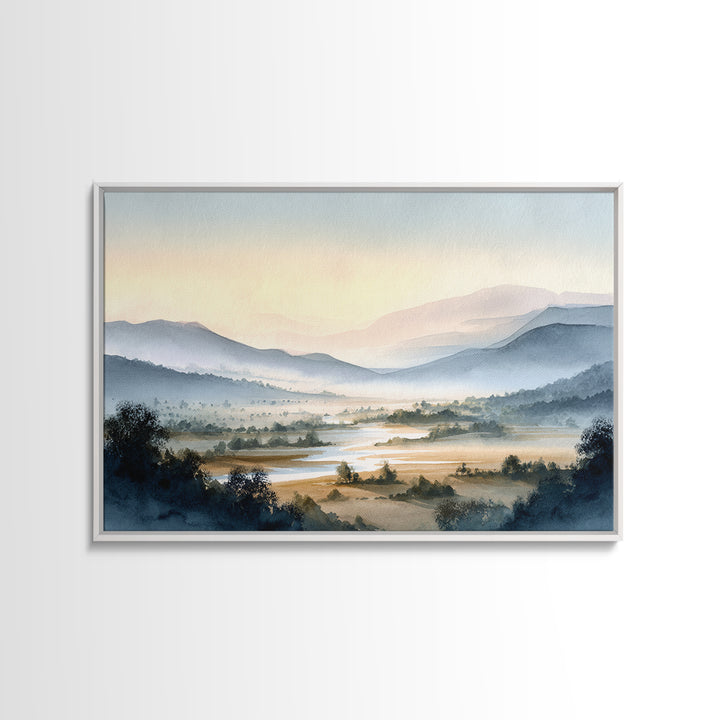 Misty Mountain Valley at Sunrise Framed Canvas Print, Landscape Art, Living Room Wall Art, Living Room Decor, Oil Painting, LAN-3x2-5