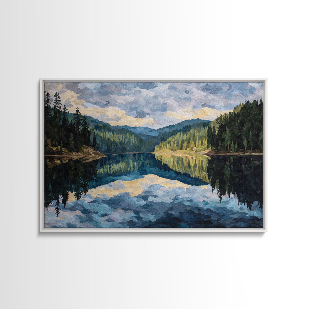 Quiet Lake Reflecting Pine Forest Canvas Print, Landscape Art, Room Decor, Living Room Decor, Fine Art, Horizon, LAN-3x2-56