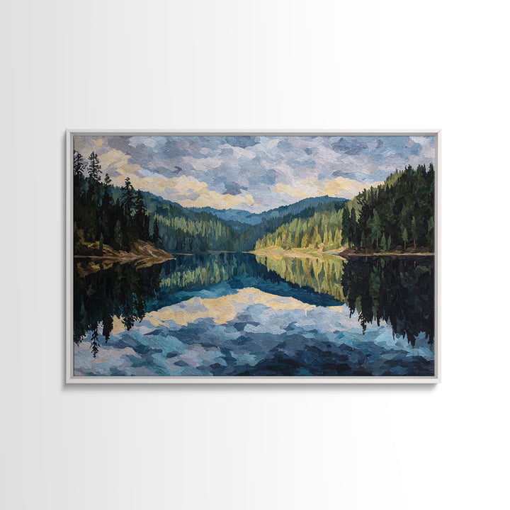 Quiet Lake Reflecting Pine Forest Canvas Print, Landscape Art, Room Decor, Living Room Decor, Fine Art, Horizon, LAN-3x2-56