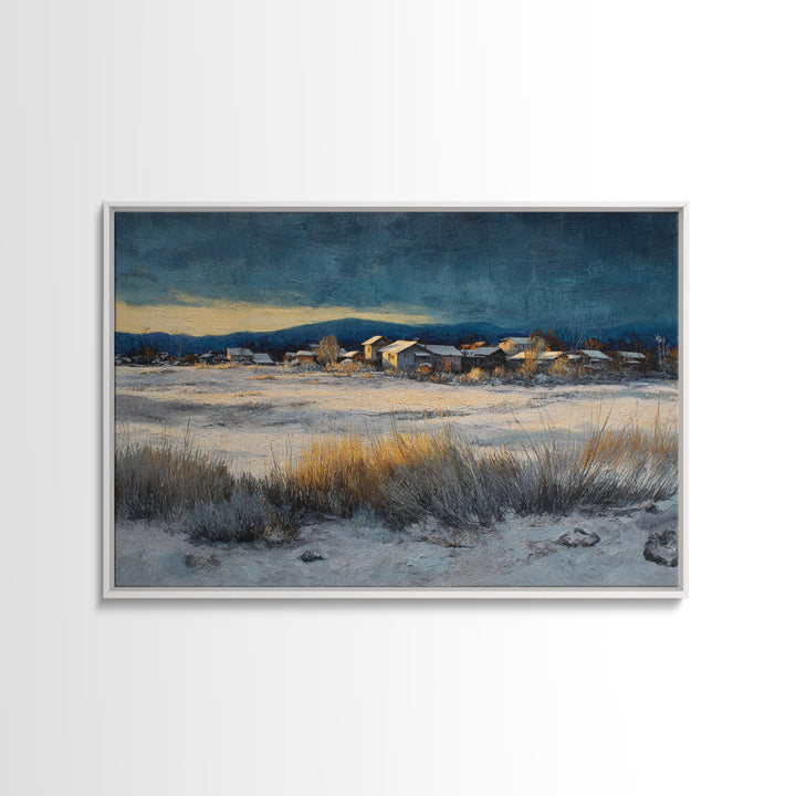 Snow Covered Alpine Village at Dusk Framed Canvas Print, Landscape Art, Digital Art, Living Room Decor, Fine Art, Horizon, LAN-3x2-59