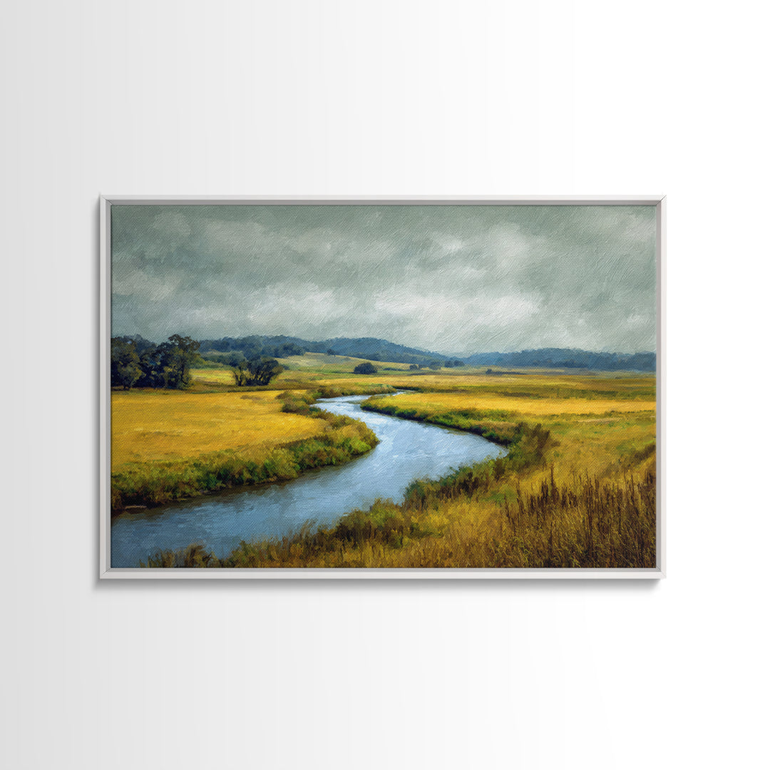 Winding River Through Golden Fields Framed Canvas Print, Landscape Art, Farmhouse Decor, Living Room Decor, Fine Art, Horizon, LAN-3x2-6