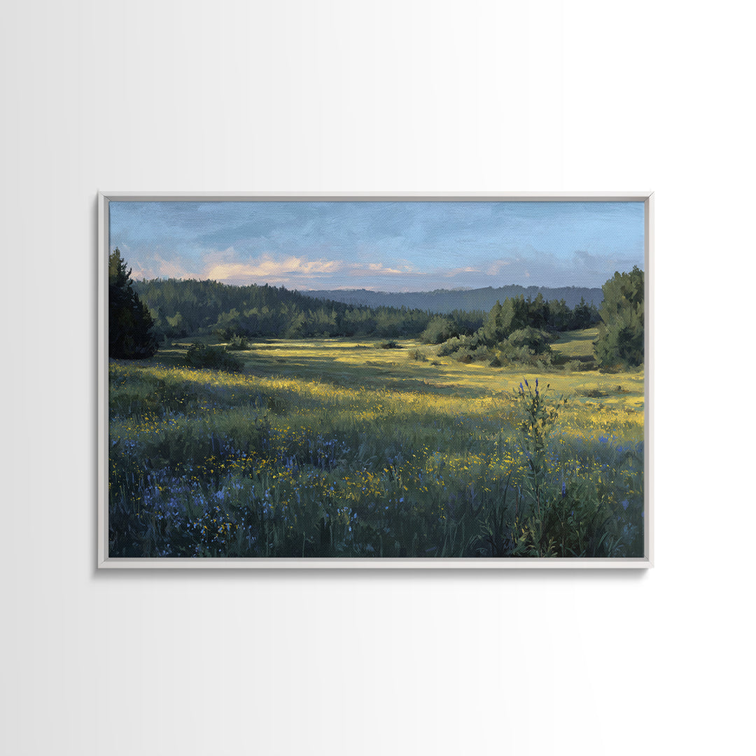 Sunlit Meadow with Wildflowers Framed Canvas Print, Landscape Art, Modern Art, Living Room Decor, Fine Art, Horizon, LAN-3x2-65