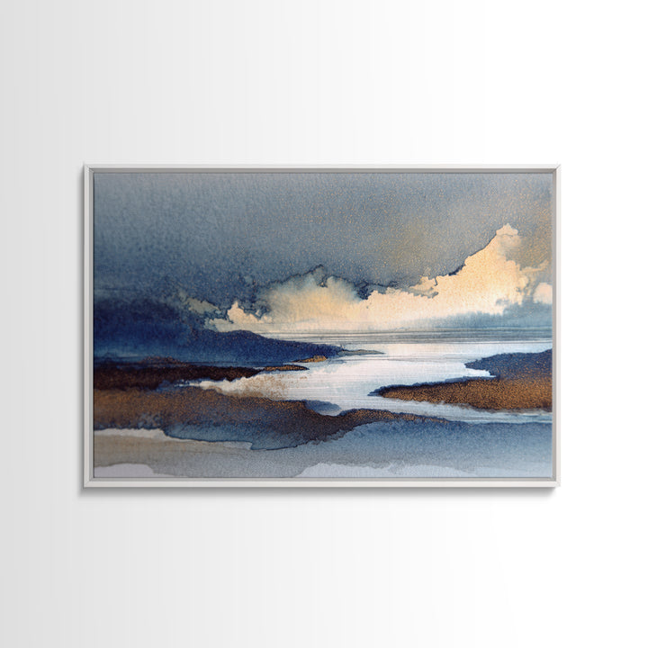 Moonlit River with Silver Reflections Canvas Print, Landscape Art, Neutral Decor, Living Room Decor, Oil Painting, Horizon, LAN-3x2-73