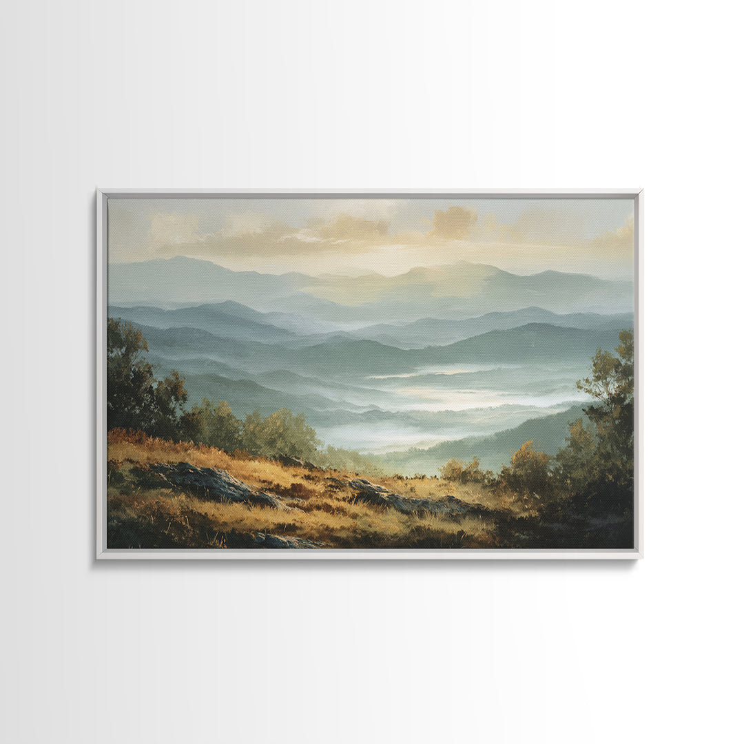 Misty Mountain Valley at Sunrise Framed Canvas Print, Landscape Art, Room Decor, Living Room Decor, Fine Art, Horizon, LAN-3x2-77