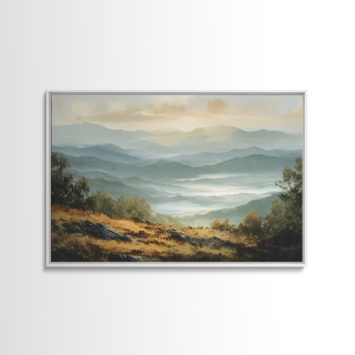 Misty Mountain Valley at Sunrise Framed Canvas Print, Landscape Art, Room Decor, Living Room Decor, Fine Art, Horizon, LAN-3x2-77
