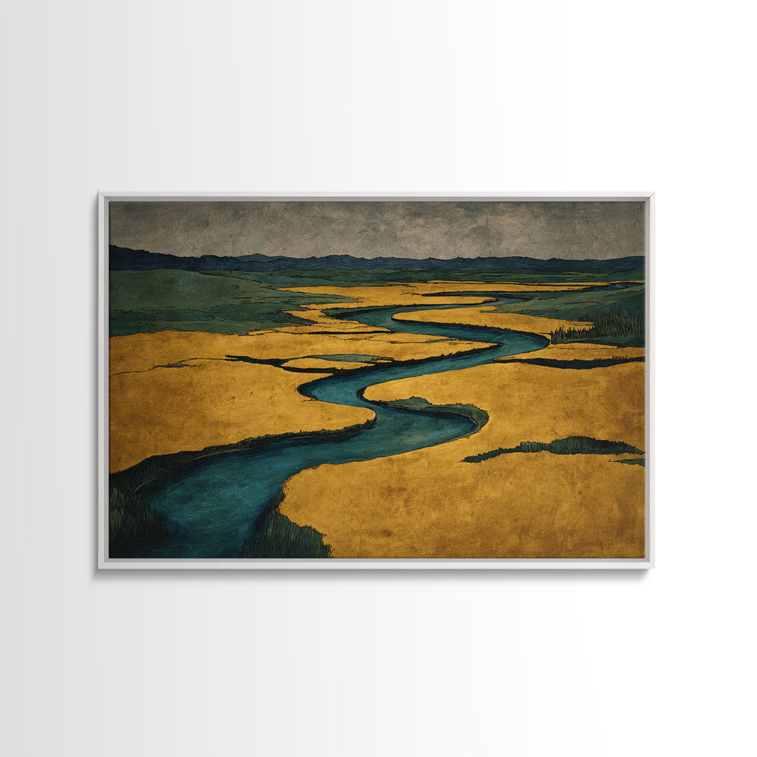Winding River Through Golden Fields Framed Canvas Print, Landscape Art, Set of 3 Prints, Living Room Decor, Fine Art, Horizon, LAN-3x2-78