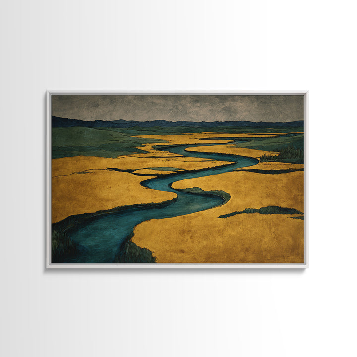 Winding River Through Golden Fields Framed Canvas Print, Landscape Art, Set of 3 Prints, Living Room Decor, Fine Art, Horizon, LAN-3x2-78