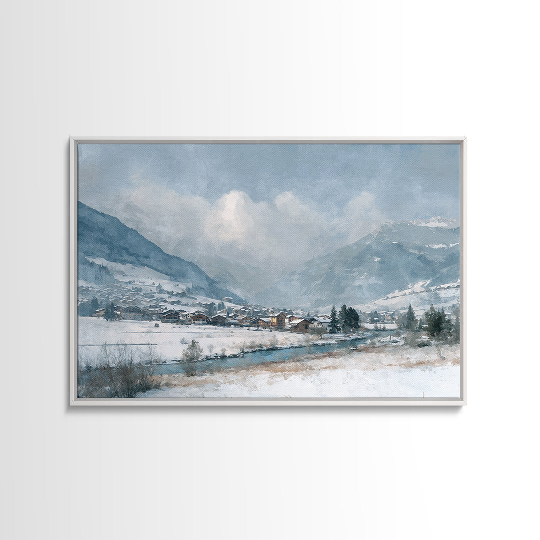 Snow Covered Alpine Village at Dusk Canvas Print, Landscape Art, Framed Wall Art, Living Room Decor, Oil Painting, Horizon, LAN-3x2-83