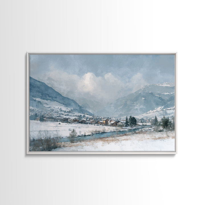 Snow Covered Alpine Village at Dusk Canvas Print, Landscape Art, Framed Wall Art, Living Room Decor, Oil Painting, Horizon, LAN-3x2-83