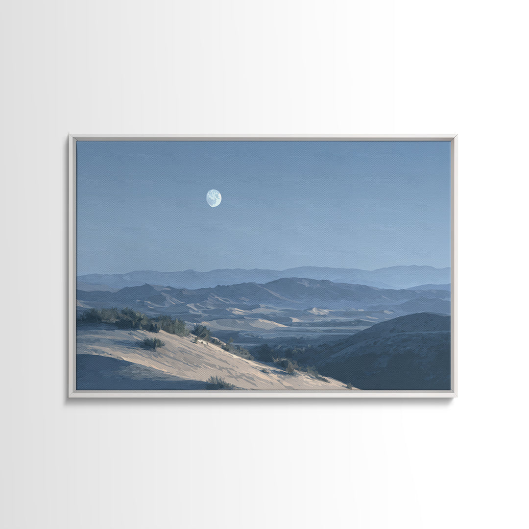 Desert Dunes under Pale Moon Framed Canvas Print, Landscape Art, Wall Decor, Living Room Decor, Fine Art, Horizon, LAN-3x2-87