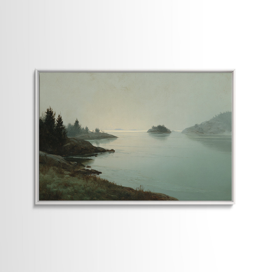 Fjord Landscape with Icy Blue Water Framed Canvas Print, Landscape Art, Digital Print, Living Room Decor, Fine Art, Horizon, LAN-3x2-91