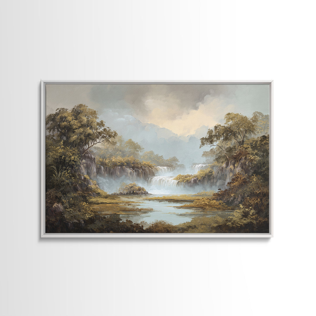 Tropical Jungle Waterfall Framed Canvas Print, Landscape Art, Digital Prints, Living Room Decor, Horizon, Farmhouse Decor, LAN-3x2-92