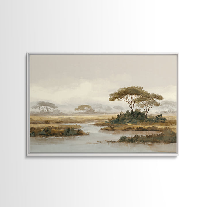 Wide Savanna with Acacia Silhouette Framed Canvas Print, Landscape Art, Digital Wall Art, Living Room Decor, Fine Art, Horizon, LAN-3x2-95