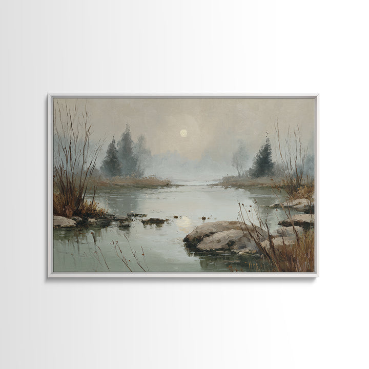 Moonlit River with Silver Reflections Framed Canvas Print, Landscape Art, Luxury Decor, Living Room Decor, Fine Art, Horizon, LAN-3x2-97