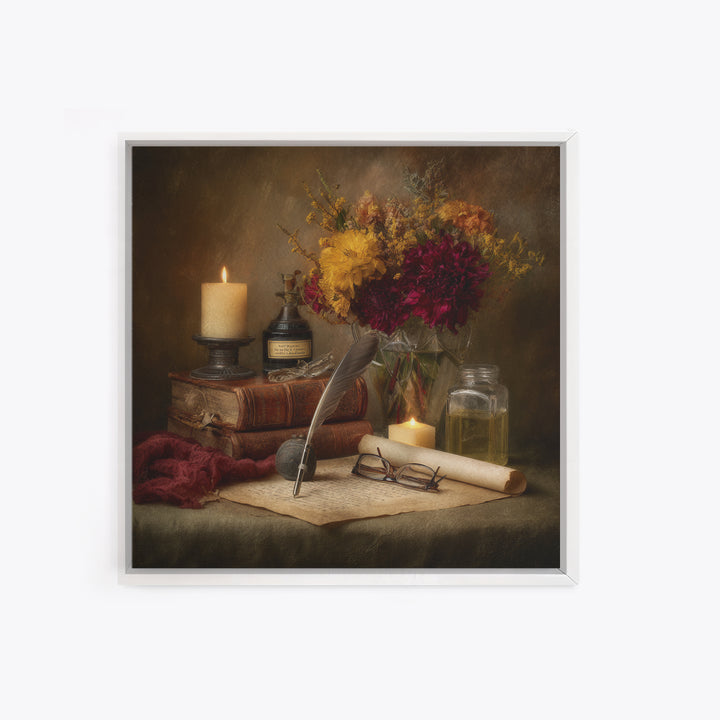 Fountain Pen and Parchment Framed Canvas Print, Library Art, Painting, Library Decor, Fine Art, Archive, Halloween Printable, LIB-1x1-12
