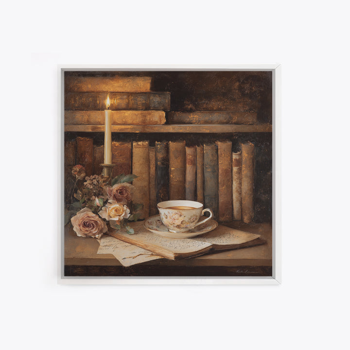 Teacup Beside a Novel and Roses Canvas Print, Library Art, Black Cat Art, Library Decor, Fine Art, Archive, Luxury Decor, LIB-1x1-14
