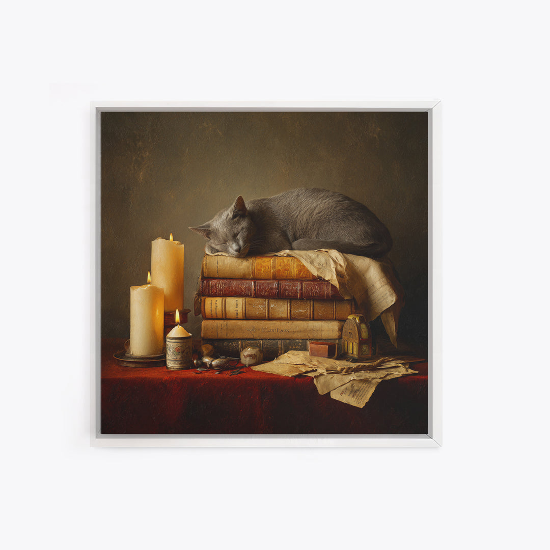 Cat Sleeping on a Book Stack Canvas Print, Library Art, Moody Wall Art, Library Decor, Fine Art, Archive, Gallery Decor, LIB-1x1-31