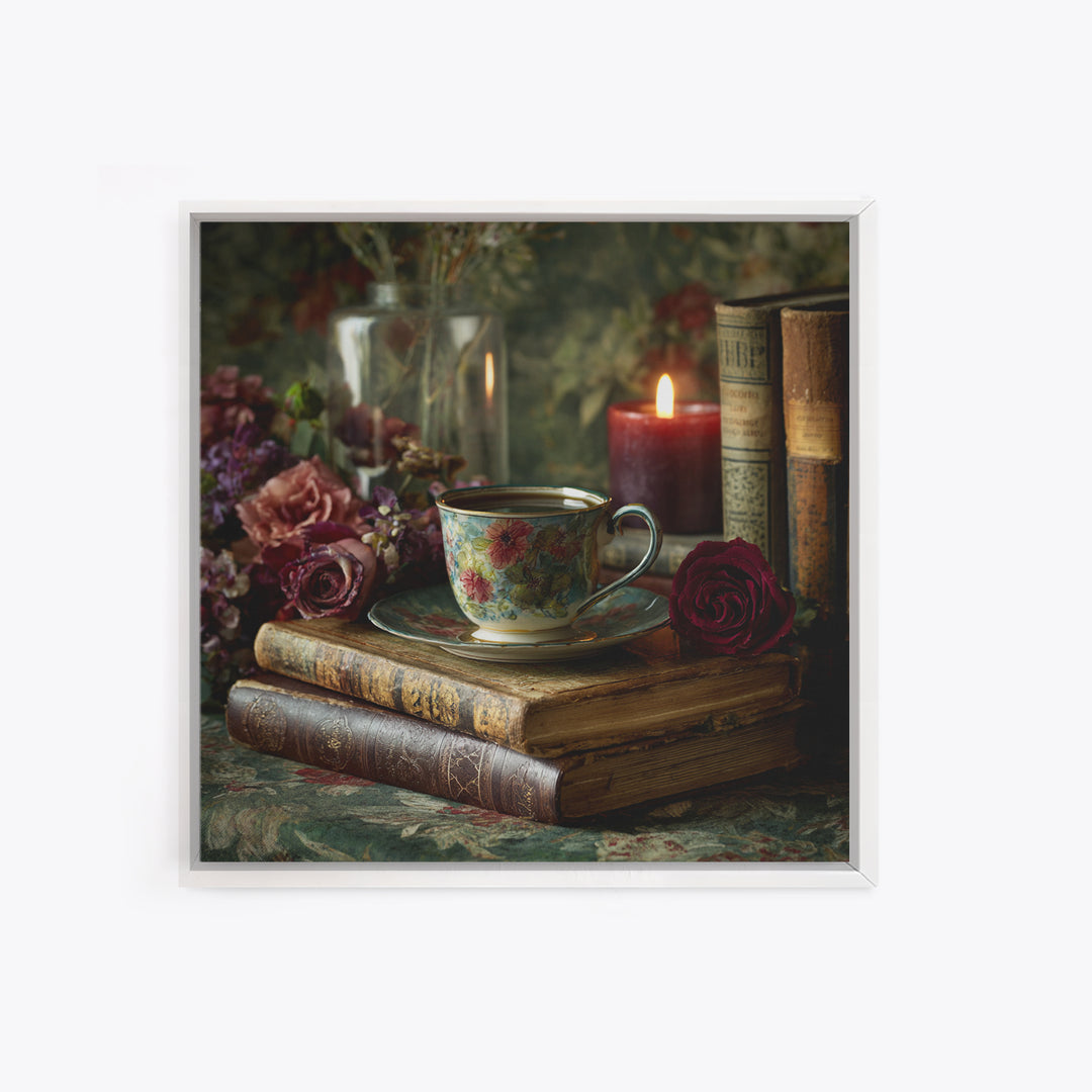 Teacup Beside a Novel and Roses Framed Canvas Print, Library Art, Gallery Decor, Library Decor, Fine Art, Archive, Wall Art, LIB-1x1-38