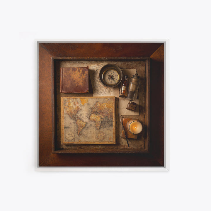 Map and Compass on Leather Bound Atlas Framed Canvas Print, Library Art, Room Decor, Library Decor, Fine Art, Archive, LIB-1x1-40