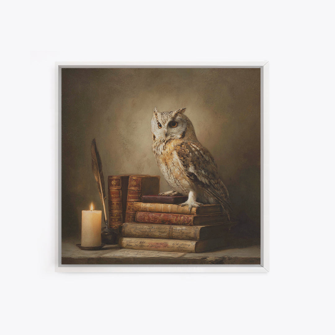 Owl Perched on a Pile of Antique Canvas Print, Library Art, Gothic Wall Decor, Library Decor, Fine Art, Archive, LIB-1x1-50