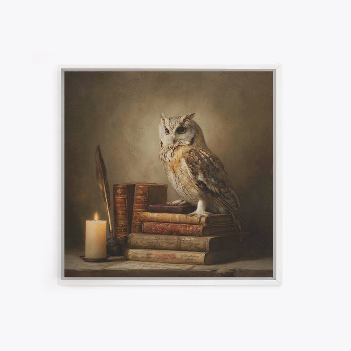 Owl Perched on a Pile of Antique Canvas Print, Library Art, Gothic Wall Decor, Library Decor, Fine Art, Archive, LIB-1x1-50