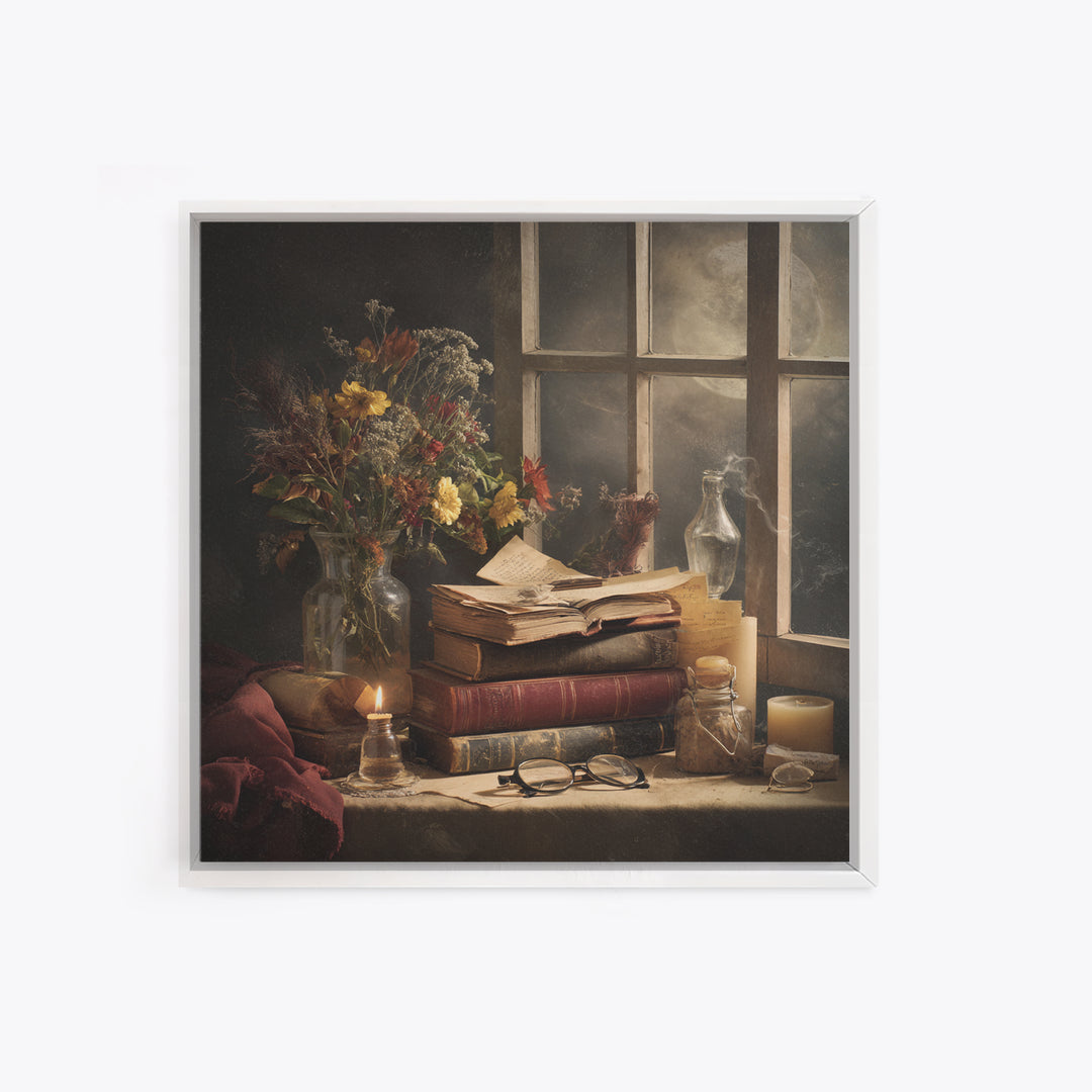 Moonlit Window with Floating Pages Framed Canvas Print, Library Art, Dark Academia Decor, Library Decor, Fine Art, Archive, LIB-1x1-56
