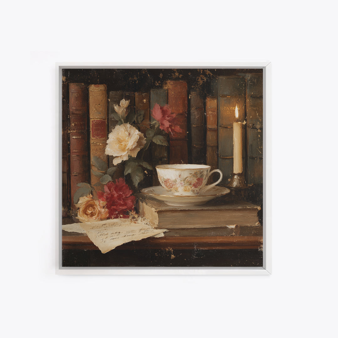 Teacup Beside a Novel and Roses Framed Canvas Print, Library Art, Gallery Decor, Library Decor, Fine Art, Archive, Wall Art, LIB-1x1-62