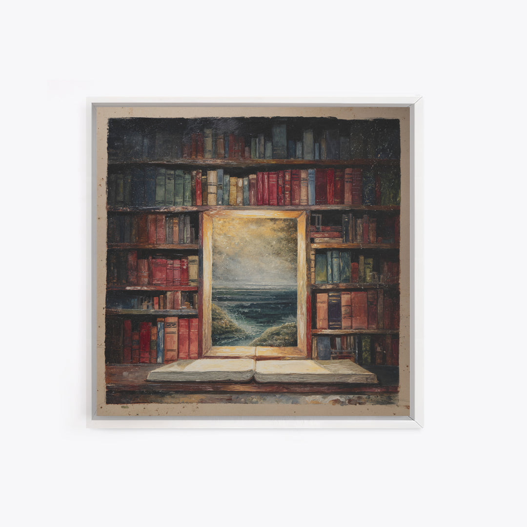 Stormy Sea Painting Inside an Open Book Framed Canvas Print, Library Art, Dark Academia Art, Library Decor, Abstract Art, LIB-1x1-66
