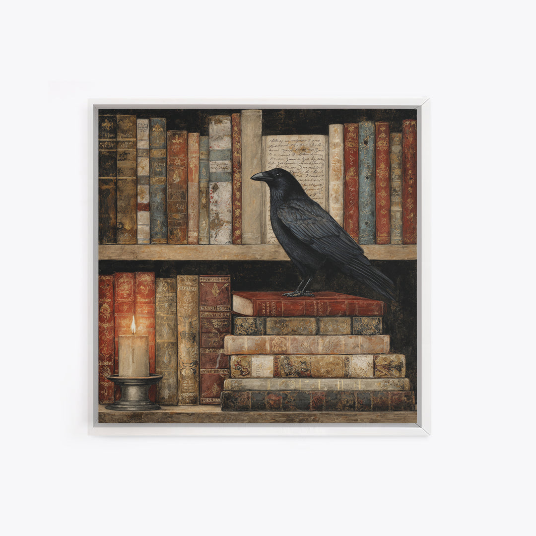 Black Raven Perched on Closed Book Framed Canvas Print, Library Art, Reading Nook Decor, Library Decor, Fine Art, Archive, LIB-1x1-70