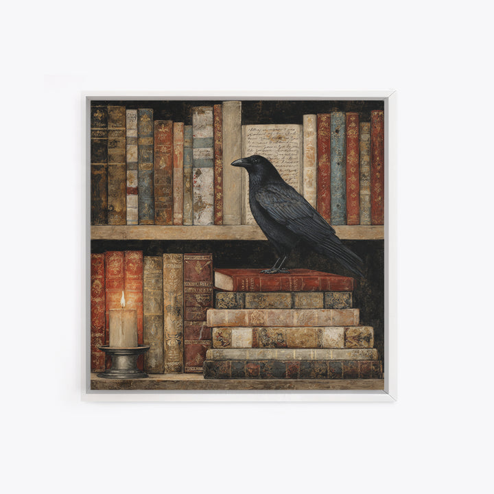 Black Raven Perched on Closed Book Framed Canvas Print, Library Art, Reading Nook Decor, Library Decor, Fine Art, Archive, LIB-1x1-70