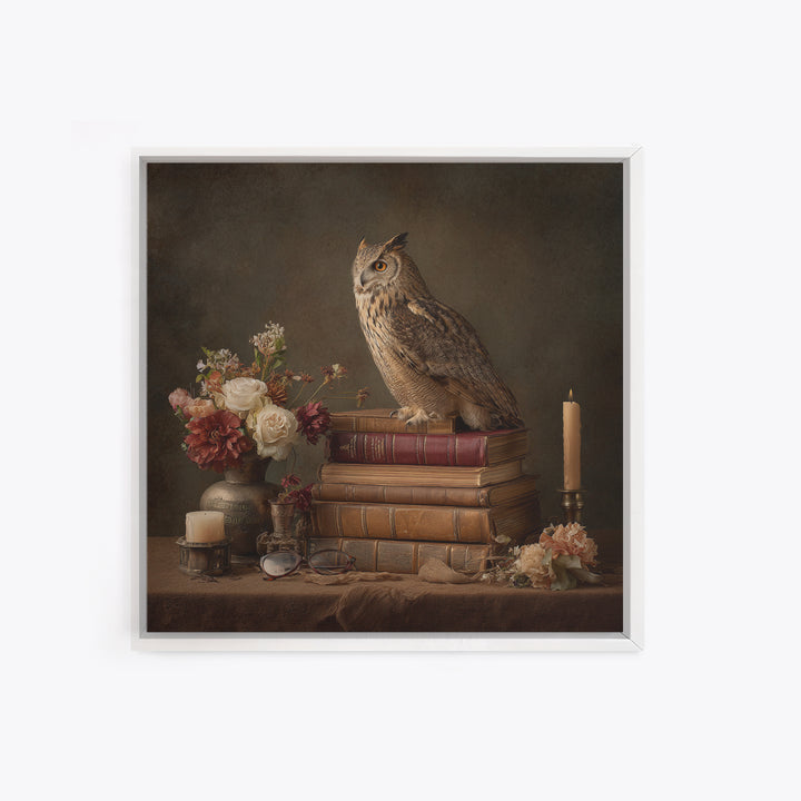 Owl Perched on a Pile of Antique Framed Canvas Print, Library Art, Fine Art Print, Library Decor, Fine Art, Archive, Painting, LIB-1x1-74