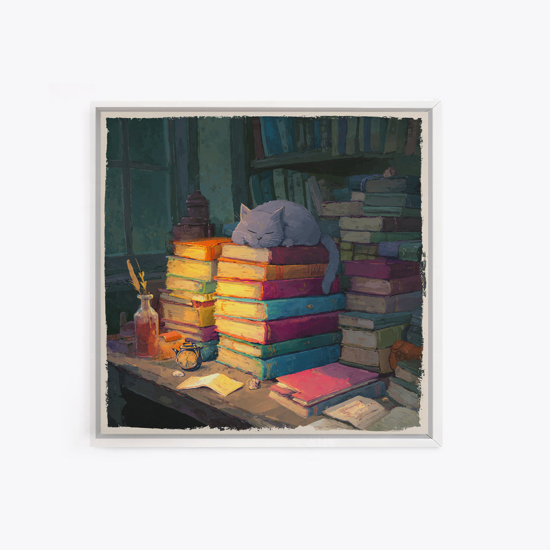 Cat Sleeping on a Book Stack Framed Canvas Print, Library Art, Boho Decor, Library Decor, Oil Painting, Archive, Digital Art, LIB-1x1-79