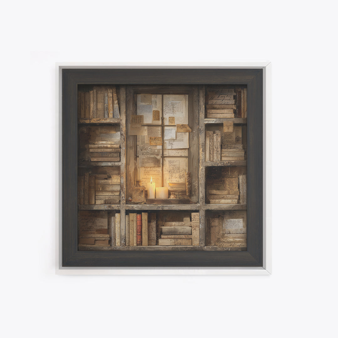 Moonlit Window with Floating Pages Framed Canvas Print, Library Art, Fine Art Print, Library Decor, Fine Art, Archive, LIB-1x1-80