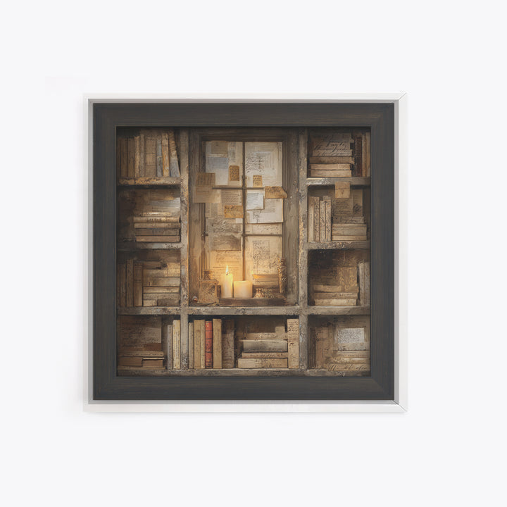 Moonlit Window with Floating Pages Framed Canvas Print, Library Art, Fine Art Print, Library Decor, Fine Art, Archive, LIB-1x1-80