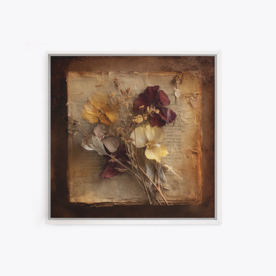 Botanical Pressed Flowers Inside Old Pages Canvas Print, Library Art, Painting, Library Decor, Oil Painting, Archive, LIB-1x1-81