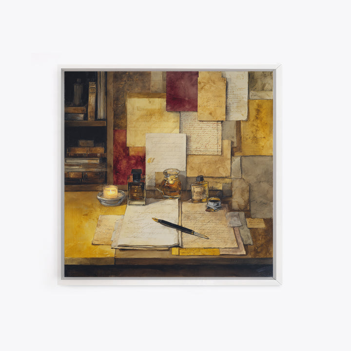 Fountain Pen and Parchment Framed Canvas Print, Library Art, Dark Academia Art, Library Decor, Abstract Art, Archive, LIB-1x1-84
