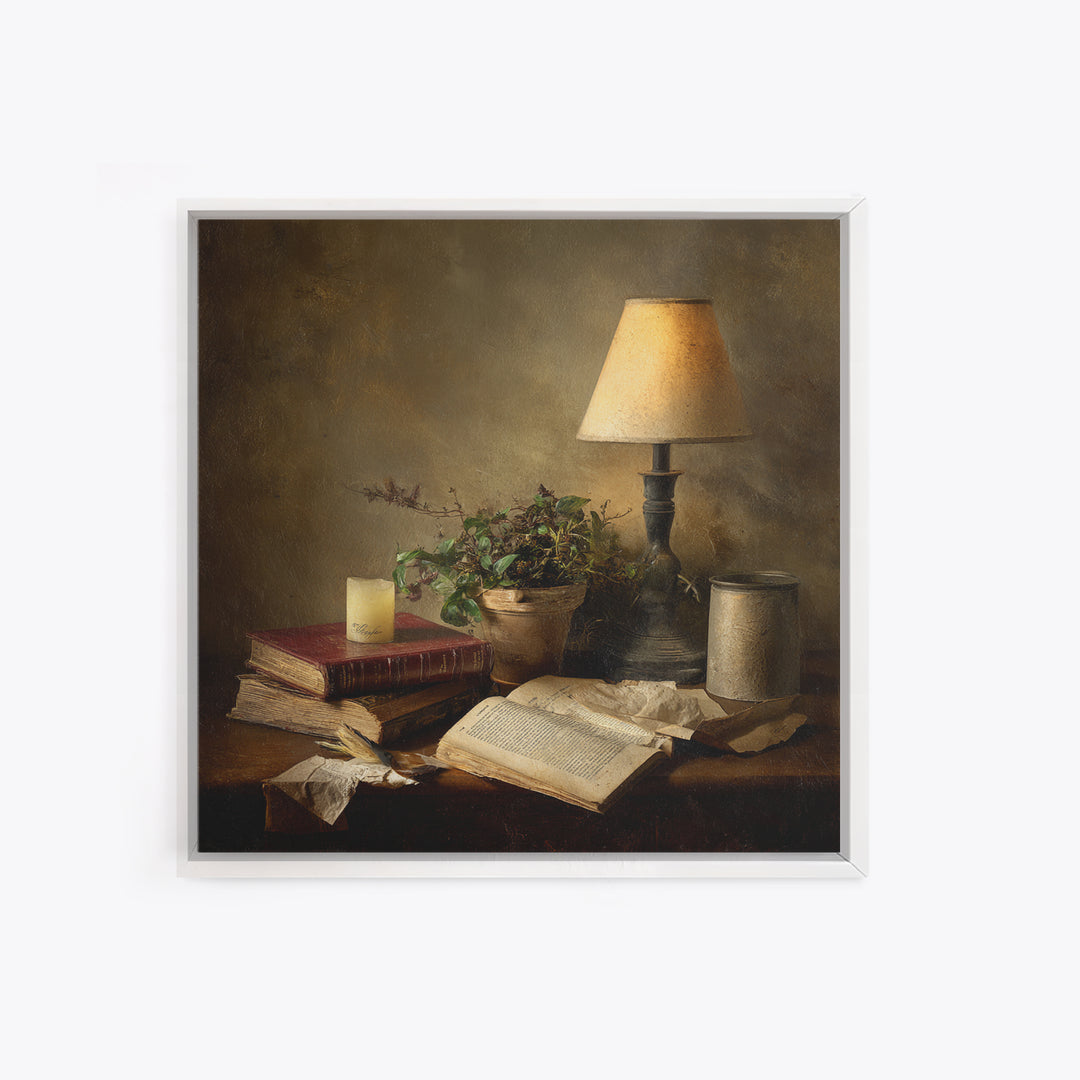 Warm Reading Lamp and Small Plant Still Framed Canvas Print, Library Art, Wall Art, Library Decor, Oil Painting, Archive, LIB-1x1-93