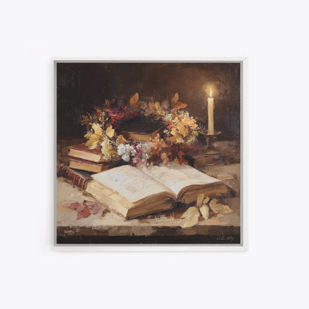 Botanical Wreath Surrounding an Open Book Framed Canvas Print, Library Art, Printable Wall Art, Library Decor, Archive, LIB-1x1-96